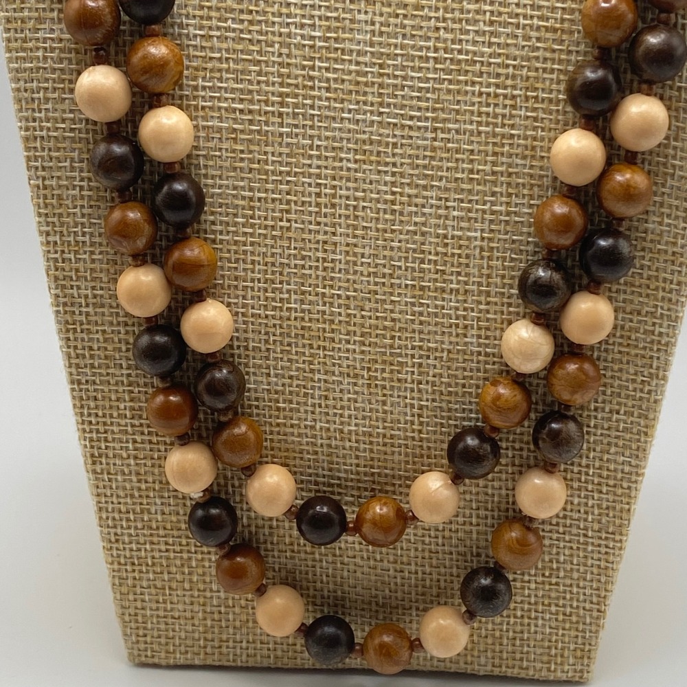 Vintage Beaded Necklace Faux Wood Plastic Boho Brown Tan Multi Strand 53 Inch